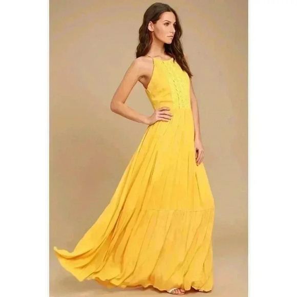 LuLus Golden Yellow Embroidered Maxi Dress Size M - Picture 1 of 9